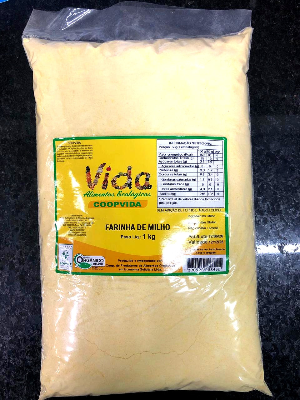 Farinha de Milho Orgânica Média 1kg Vida Coopvida, sem glúten e lactose